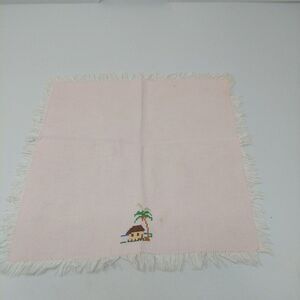Square Napkin Pale Pink With Handmade Cross Stitch House Tropical Palm Tree